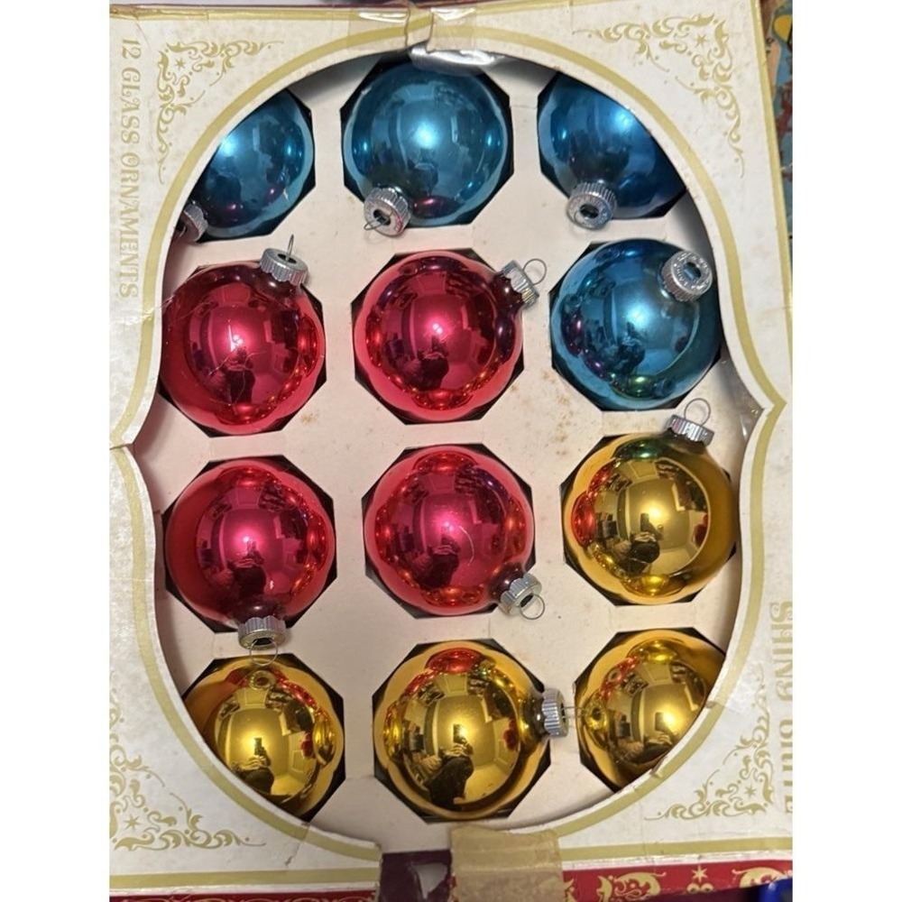 38 Vintage Multi Color  Shiny Brite Franke Glass Tree Christmas Ornaments‎ Box